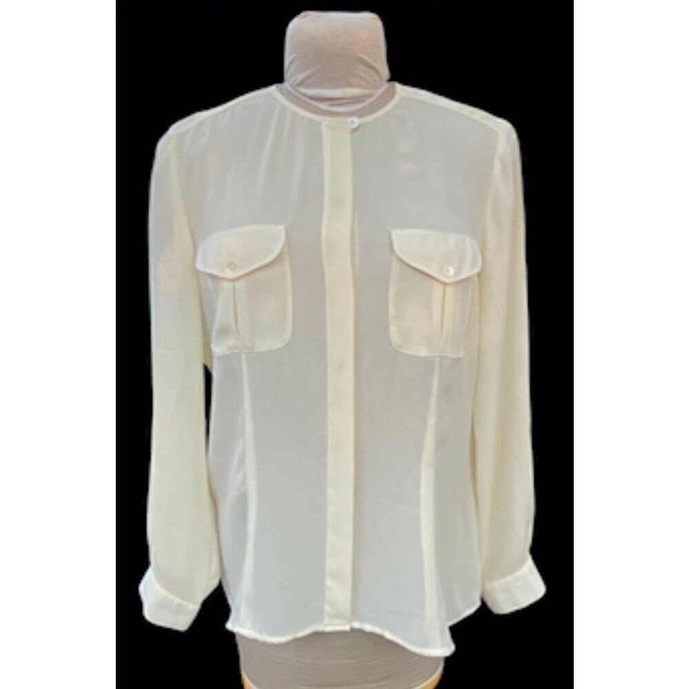 Chaus Vintage Ivory Sheer Blouse Sz 12 Hidden Btns Elegant Vintage